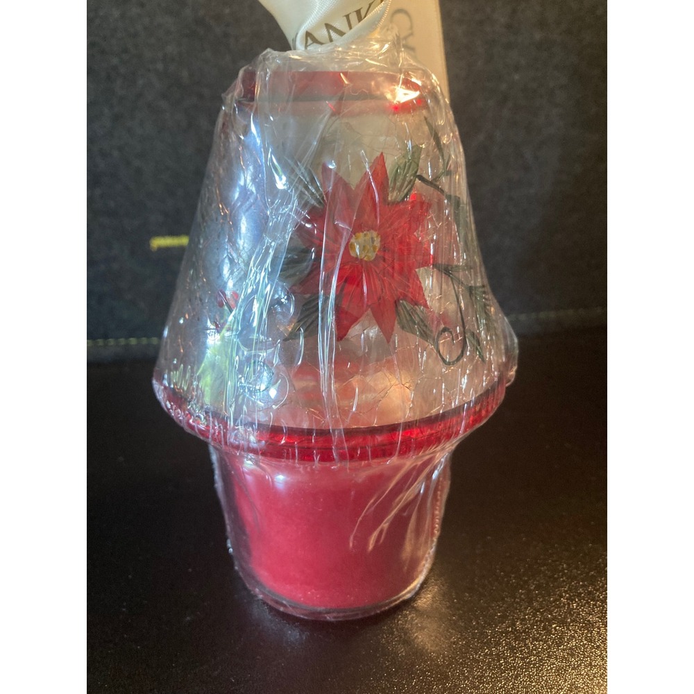 Yankee Candle Red Berry & Cedar 3.7oz Jar w/Poinsettia Crackle Glass Shade New - Picture 7 of 8